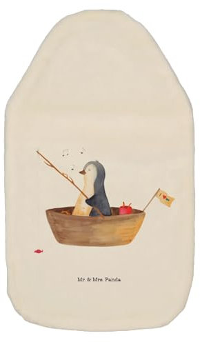 Mr. & Mrs. Panda Wärmflasche Pinguin Angelboot - Geschenk, Angeln, Leben, Kleine Wärmflasche, Wärmflasche mit Bezug, Wärmekissen, Kinderwärmflasche,
