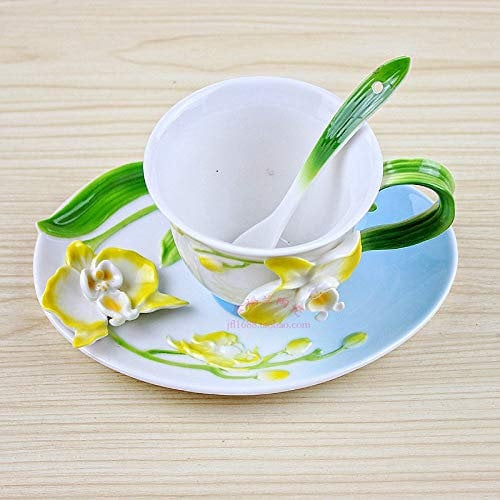 Dollin&Dockin Bone China Kaffeetasse Untertasse, Mit Griff Emaille Schmetterling Orchidee Gelb Keramik Geschenkbox Tea Party Royal Europäischen Retro Gericht Feine Geschirr