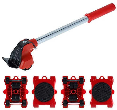Furniture Lifter Mover Tool Set, 5Pcs Heavy Furniture Moving Wheels Set Include 1 Lifting Rod and 4 Furniture Moving Rollers for Carpet & Hard Floors, 360 Degree Rotatable Pads