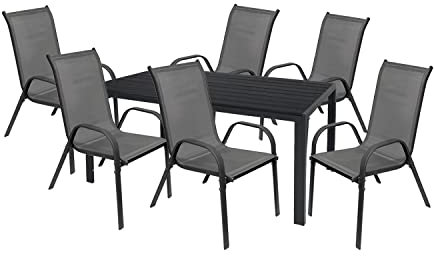 Mojawo Hochwertige Gartengarnitur 7-teilig Gartentisch 180x90cm Anthrazit Aluminium Schwarz + 4 Stapelstühle Stahl Textilen Schwarz