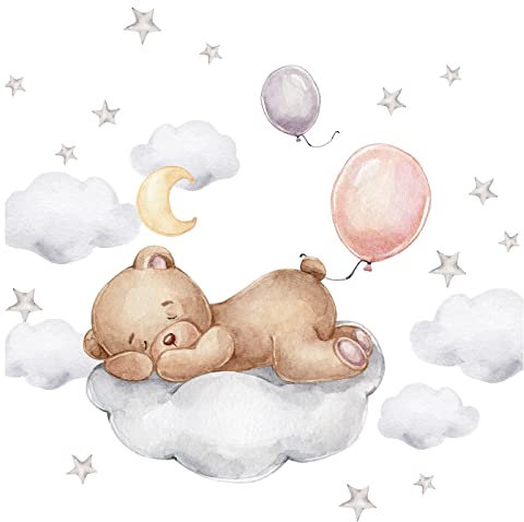 Little Deco Wandsticker Teddybär auf der Wolke Wandtattoo für Babyzimmer Bär Sterne Mond Kinderzimmer Wandaufkleber DL832-4