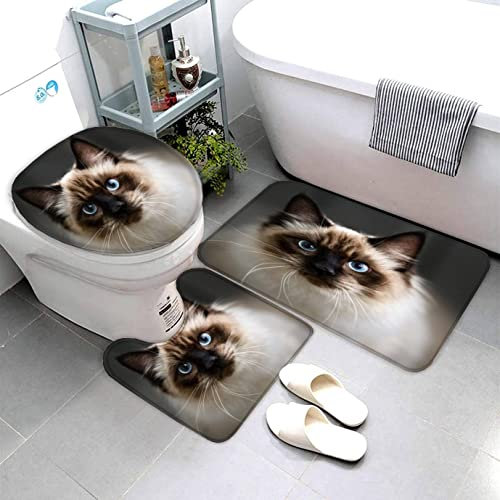 AOLIGL 3-Teiliges Mikrofaser Badvorleger Katze Duschmatte + Kontur Matte + WC-Deckelbezug, rutschfeste Badvorleger für Dusche und Toilette Tier Katze Badvorleger