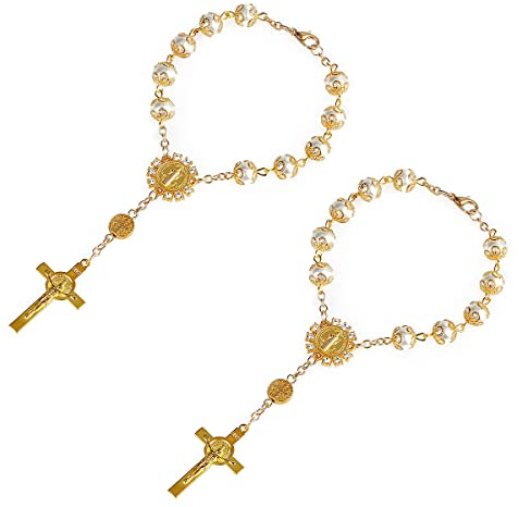 Jagowa Rückspiegel-Rosenkranz, Nachahmung, Perle, Auto-Ornament, Kreuz, Rosenkranz, Auto-Anhänger, Zubehör (Gold), 2 Stück