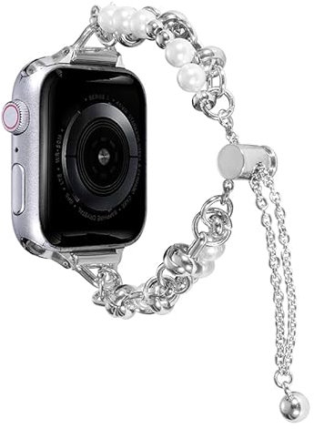 Silber Metall Ersatz Band Kompatibel mit Apple Watch SE 40mm, Elastische Handgefertigte Perlen Uhrenarmband Edestahl Bracelet Kompatibel mit iWatch 38mm 40mm 41mm Armbänder Serie 8 7 6 SE 5 4 3 2 1