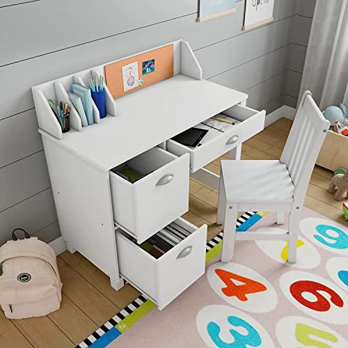 FEFE® Wooden White Study Desk for Children with Chair, Bulletin Board and Drawers, Gift for Ages 5-14 Computer Desk Home School Student Study PC Writing Desks Table for Small Spaces