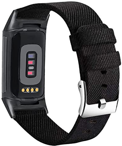 Abanen Women and Men Band for Fitbit Charge 6 / Charge 5, Soft Woven Canvas Nylon Quick Dry Wrist Strap, Black, 21mm, 5.12-8.07 (130mm-205mm)