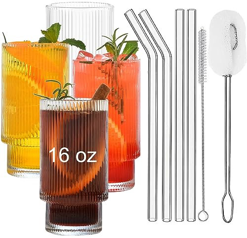 ALINK 16 OZ Ribbed Drinking Glasses with Glass Straws 4pcs Set, Vintage Iced Coffee Cups Glassware, Origami Style Ridged Glass Tumbler for Coocktail, Whiskey