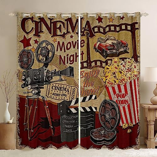 Retro Cinema Window Curtains Teens Adult,Movie Theater Theme Curtains for Bedroom,Popcorn and Film Draperies for Living Room,Vintage Cinema Ticket Window Treatment Curtain Set of 2 Panels,66Wx72L
