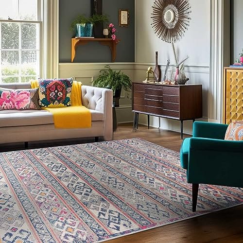 Mazovia Bunte Teppiche - Vintage Boho Bunt Teppich für Wohnzimmer, Esszimmer, Schlafzimmer - Kurzflor Niedrigflor Pflegeleicht Oeko-TEX - Multi Mehrfarbig - Versch. Größen - 80 x 150 cm