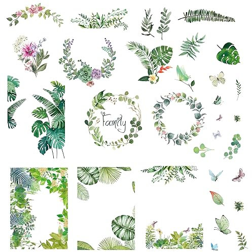 craspire 8 Styles Feuilles de Palmier Tropicales Stickers Muraux Papillon Fleurs Fenêtre en PVC Imperméable Auto-Adhésif Vinyle Autocollant pour Dortoir Chambre Salon Magasin Crèche Décors Fête