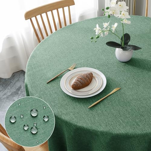 AooHome Tischdecke Rund Φ140cm, Grün Leinen-Optik Tischdecken Abwaschbar Tischtuch aus Polyester Wasserabweisend mit Lotuseffekt, Dauerhaft Kratzfest für Wohnzimmer, Esszimmer, Balkon, Garten