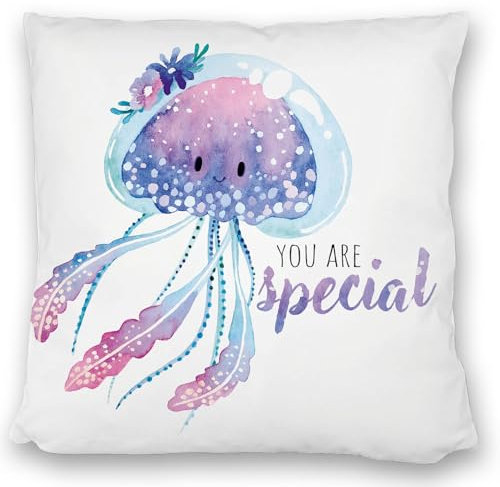 Qualle Kissen satiniert mit Spruch You Are Special Aquarell-Optik Wasser-Design Pastellfarben Kawaii Teenie Deko Accessoire