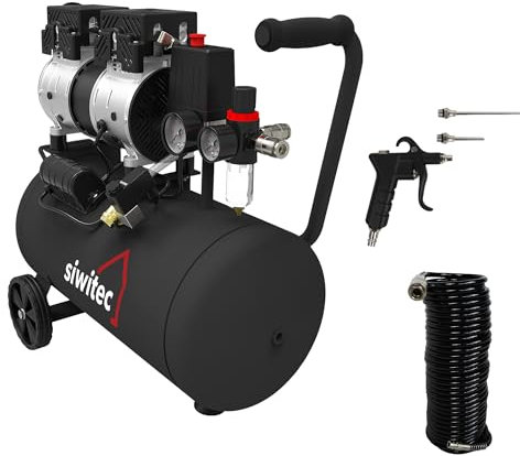 compressore siwitec whisper SK-750 incl. tubo flessibile per aria compressa da 10 m e pistola per aria compressa con 2 prolunghe | compressore con 750 W, 24 L, max. 8 bar, 67 dB | senza olio