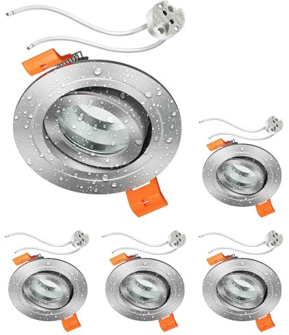 ledscom.de 5 Stück Bad-Deckeneinbaurahmen ERID, Feuchtraum, Badezimmer, IP44, rund, schwenkbar, aluminium matt, inkl. GU5.3 Fassung