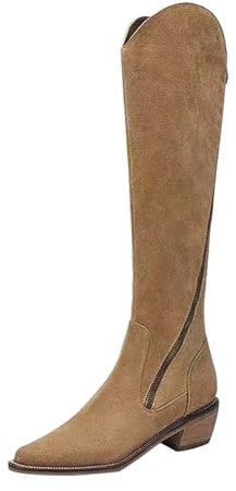 BILIKEYU Stivali alti al ginocchio da donna in pizzo con taglio a V stivali alti Chunky Block tacco stivali lunghi con cerniera laterale, beige., 42 EU