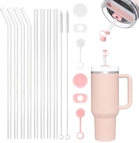 GADITIEK 8pcs pailles en verre Longues pailles pour Stanley Cup Accessoires, 6pcs silicone anti-fuite, 10mm pailles Accessoires avec 2 brosses de nettoyage, Accessoires pour Stanley 40oz Quencher
