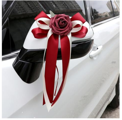 Pmnzdy Set of 4 Car Bows Silk Flower Simulation Flower Bow Car Decoration Car Door Handle Strip Rear View Mirror Wedding Chair Back for Church Wedding Car Wedding Funeral Party Decoration Red