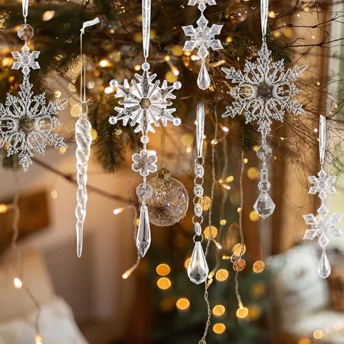 SULOLI 26 Pezzi Cristallo Decorazioni Albero di Natale,Fiocchi di Neve Acrilico con Nastro,Ornamenti da Appendere per Decorazione Albero di Natalizia