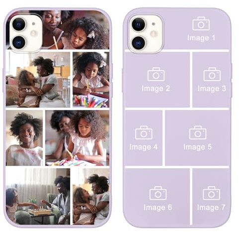 Yoedge Personalised Phone Case for iPhone 12/iPhone 12 Pro 6.1 inch, Custom Photo Design Flexible Soft Silicone Rubber Shockproof Cover, Personalize with 7 Image Collage for Girls Women, Grass Purple
