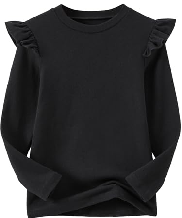 Ugitopi Girls Long-Sleeve Cotton T-Shirt with Ruffled Sleeves – Comfortable Crew-Neck Tee for Everyday Wear (Black, 130)