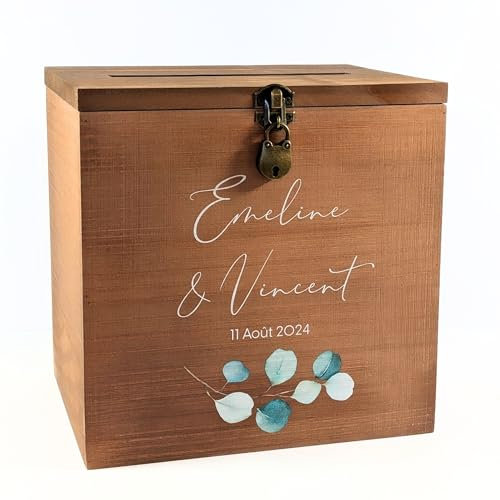 Grande urne personnalisée Mariage en Bois avec Cadenas | 25 x 25 x 20 CM | Urne Mariage, PACS, Baby-Shower, Baptême, Communion, Anniversaire, Retraite - Thème Eucalyptus | TE Whaka