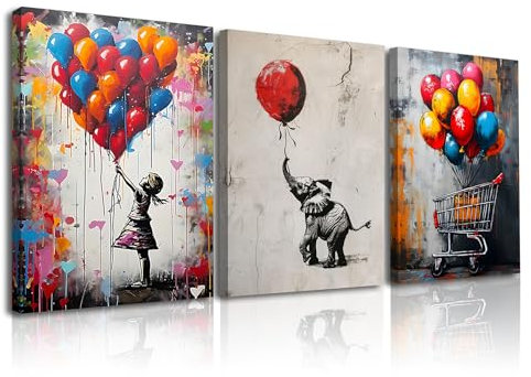 Piy Painting Impression Sur Toile Graffiti, Ballons Art Mural En Toile, Peintures Sur Toile, Tableau Sur Toile Colorées Pour Salon Chambre à Coucher Bureau Cuisine, 3x 30x40cm, Avec Cadre en Bois