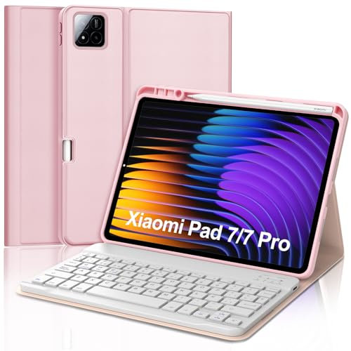 JADEMALL Funda con Teclado para Xiaomi Pad 7/7 Pro 11.2, Teclado Bluetooth Inalámbrico Desmontable Magnético con Funda Protectora Delgada para Tablet Xiaomi Pad 7/7 Pro 2025 11.2 Pulgadas, Rosa