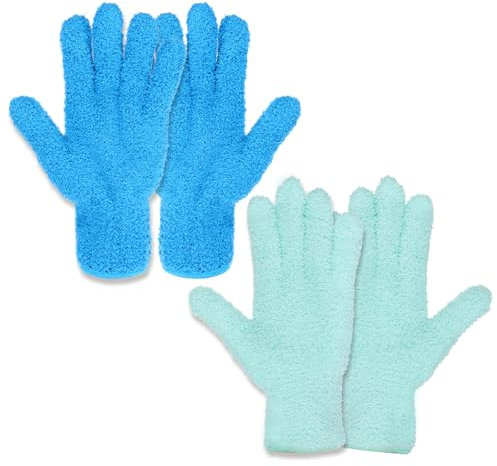 JJUNW 2 Paare Mikrofaser Handschuh, Staubhandschuhe Auto Putzhandschuhe Reinigungshandschuhe Waschbar Korallenvlies Handschuhe für Jalousien Lampen Möbel und Schwer Erreichbaren Ecken (Blau+Grün)