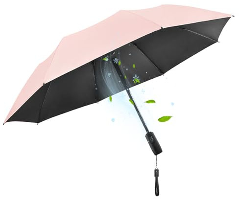 WOOLALA Paraguas UV con ventilador, ventilador de refrigeración portátil, paraguas plegable UPF 50+ para sol y lluvia, paraguas de viaje recargable por USB, ventilador personal para golpes de calor,