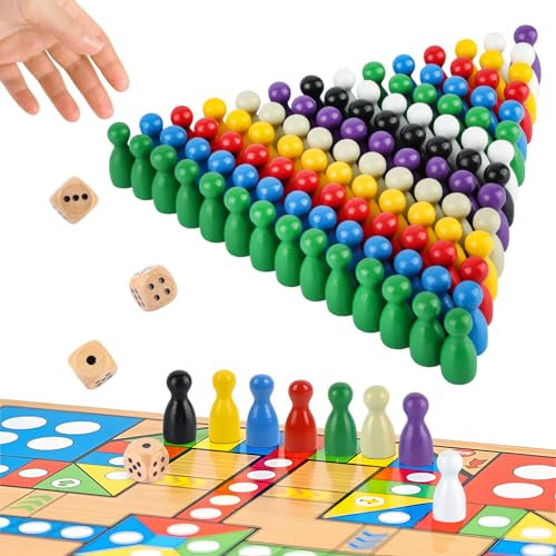 GHVACZS 80 Stück Spielfiguren für Brettspiele und 4 Stück Würfel aus Holz, 25 x 12mm Spielfiguren Holz, Halmakegel, Bunte Spielfigure für Flugschach, Dame, Brettspiele