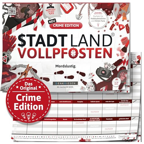 DENKRIESEN Stadt Land VOLLPFOSTEN Crime Edition | | DIN A4 Spielblock | 50 Blatt ab 12 Jahren mit spannenden Crime-Kategorien für Krimi-Fans und abwechslungsreiche Spielrunden.