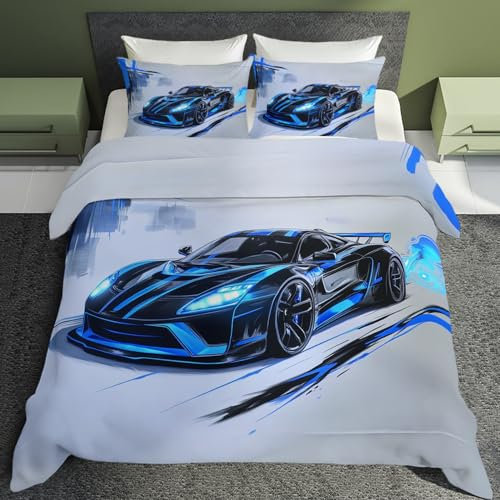 Generisch Rennwagen Deko - Rennwagen Bettwäsche 155x220 Winter, Jungen Sportwagen Bettbezug 3teilig mit 2 Kissenbezug 80x80, Weiche Mikrofaser Winterbettwäsche mit Reißverschluss W&*115