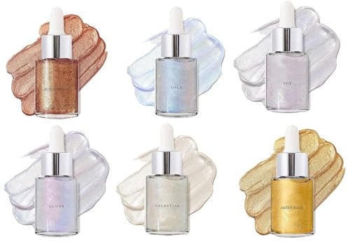 Schimmerndes Körperöl, schimmerndes Körperöl, Körperöl, Schulterriemen, 30 ml, Highlighter, 6 Farben, Glanz, flüssiges Gold, Make-up