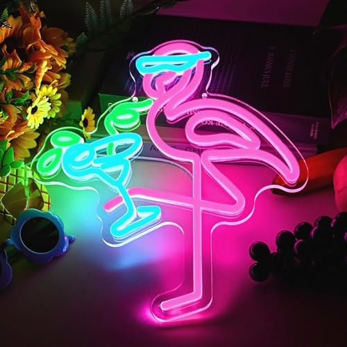 Maimeili Drink LED Neon Sign Flamingos Cocktail Dimmable Sign for Wall Decor Light Up Sign USB Adjustable Brightness Animal Neon Light for Living Room Bars Pub Club Gatherings Art Wall Decor