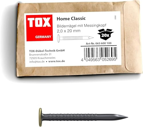 TOX Bildernagel Home Classic M aus gehärtetem Stahl mit Messingkopf in recycelbarer Papierverpackung, Größe 2,0 x 20 mm, Stahlnägel für Bilder für nahezu alle Baustoffe, 20 Stk., 063600100