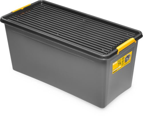 KONZEPT Aufbewahrungsbox mit Deckel 75 L – inkl. beschriftbaren Etiketten, aus hochwertigem Kunststoff, stapelbar und stabilen Verschlussclips, ideal für Keller, Werkstatt, Garage