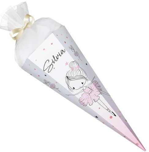 GRAVURZEILE - Bedruckte Schultüte - Ballerina - Personalisiert mit Namen - Geschenk zur Einschulung - Sechseckige Zuckertüte für Jungen & Mädchen - 61 cm mit Tüll-Verschluss - Farbe: Ballerina