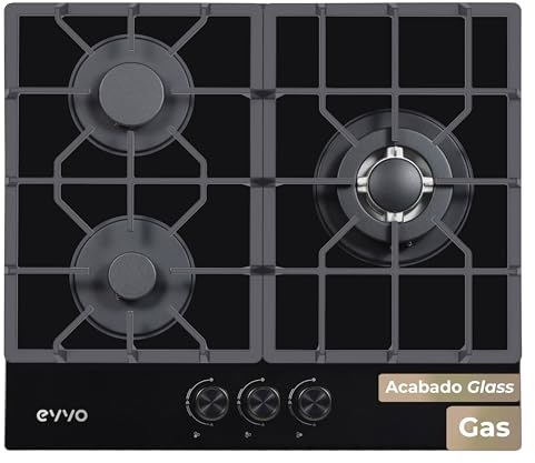 EVVO V66 Glas-Gaskochfeld, 3 Brenner mit Wok-Aufsatz, schwarzes Sicherheitsglas, elektrische Zündung, Erdgas und Butan