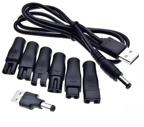 8Pcs Universal Electric Shaver Charger Kit,Maslasee USB Power Adapter Cord Replacement with 6pcs Heads,Suitable for Electric Hair Clippers,Beard trimmers,Shavers,Beauty Instruments,Travel Essential