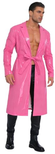 Freebily Herren Ledermantel Lang Gothic Glänzend Pu Leder Jacke Mantel Mit Revers Und Gürtel Halloween Faschingskostüme