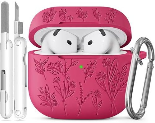 Joremx Silikon Niedliches Grasmuster Hülle (Rosarot-für AirPods 4) | Case mit entzückendem lasergraviertem Pflanzenmuster, Damen & Mädchen Schutzhülle, inkl. Reinigungsset & Schlüsselanhänger