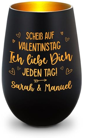 GRAVURZEILE Deko Windlicht aus Glas mit Gravur - Scheiß auf Valentinstag - Personalisiert mit Name - Individuelles Kerzenglas für Teelichter als Geschenk für Paare - Schwarz/Gold