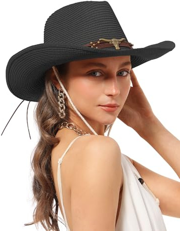 Soul Young Cowboy-Sonnenhut für Damen und Herren, Stroh-Hut, gehäkelt, Westernhut mit winddichtem Kinnriemen, Strandkappe (Einheitsgröße, schwarz)