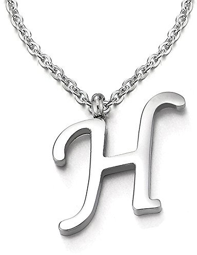COOLSTEELANDBEYOND Name Initiale Alphabet Buchstaben A bis Z Anhänger Edelstah Halskette für Damen Herren mit 50cm Stahl Seil-Kette - H