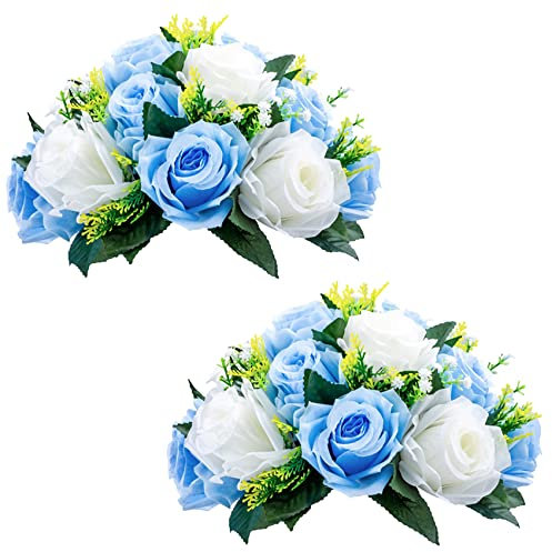 2 Pezzi Fiori Artificiali, Rose Plastica a 15 Teste con Base, Adatte per Centrotavola Matrimonio del Nostro Negozio Fioriera per Decorazioni per la Casa di San Valentino (Blu&Bianco)