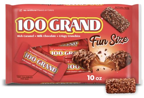 100 Grand Fun Size Laydown Bag,, 10 Ounce () | Fun size milk chocolate candy bars with rich caramel, chocolate candy individually wrapped for candy bowls & office treats