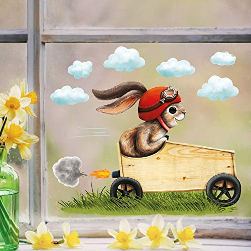 Wandtattoo Loft Fensterbilder Frühling Selbstklebend Hase im Seifenkiste Motiv, rot – A3 Bogen, Wiederverwendbar – Deko Frühling, Frühlingsbild Fenster, Fensterdeko Frühling, Fensterbild Ostern