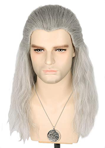Topcosplay Perücke Herren Grau Lunga Parrucca Grigia da Uomo Cosplay Halloween Parrucca