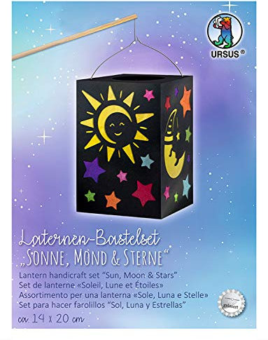 URSUS 2370099 Laternenbastelset Sonne, Mond & Sterne, Größe der Laterne ca. 14 x 20 cm, Komplettset mit Laternenrohling, Tragebügel, Transparentpapier in 7 Farben und Bastelanleitung, Papier, bunt