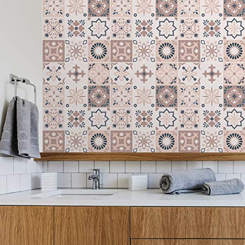 WALPLUS Peel and Stick Tiles Kitchen Self Adhesive Stick on Backsplash 15x15cm(6) Removable Menara Pink Tile Stickers for Bathroom Grey Cement Moroccan Transfers Stairs Upgrade 24 PCS